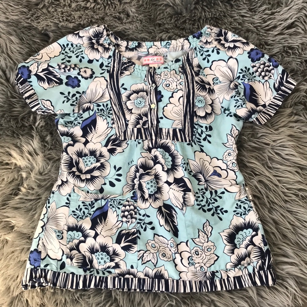 KOI Scrub Top - M - Navy, White & Teal - CUTE!